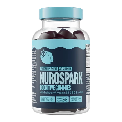 Nurospark Cognitive Gummies bottle with blue cap and dark label